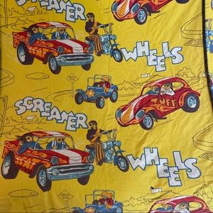 Vintage 1970’s Yellow Bedspread, Coverlet. Sears, Screamer Wheels Pattern.